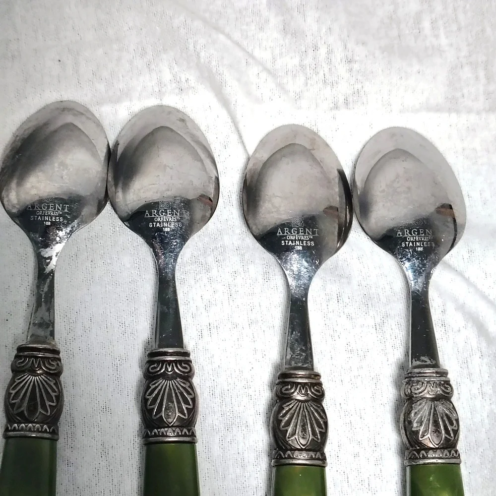 16 Argent Orfevres Green Spoon Fork Knife Sophia Pattern Stainless Steel 188 VTG